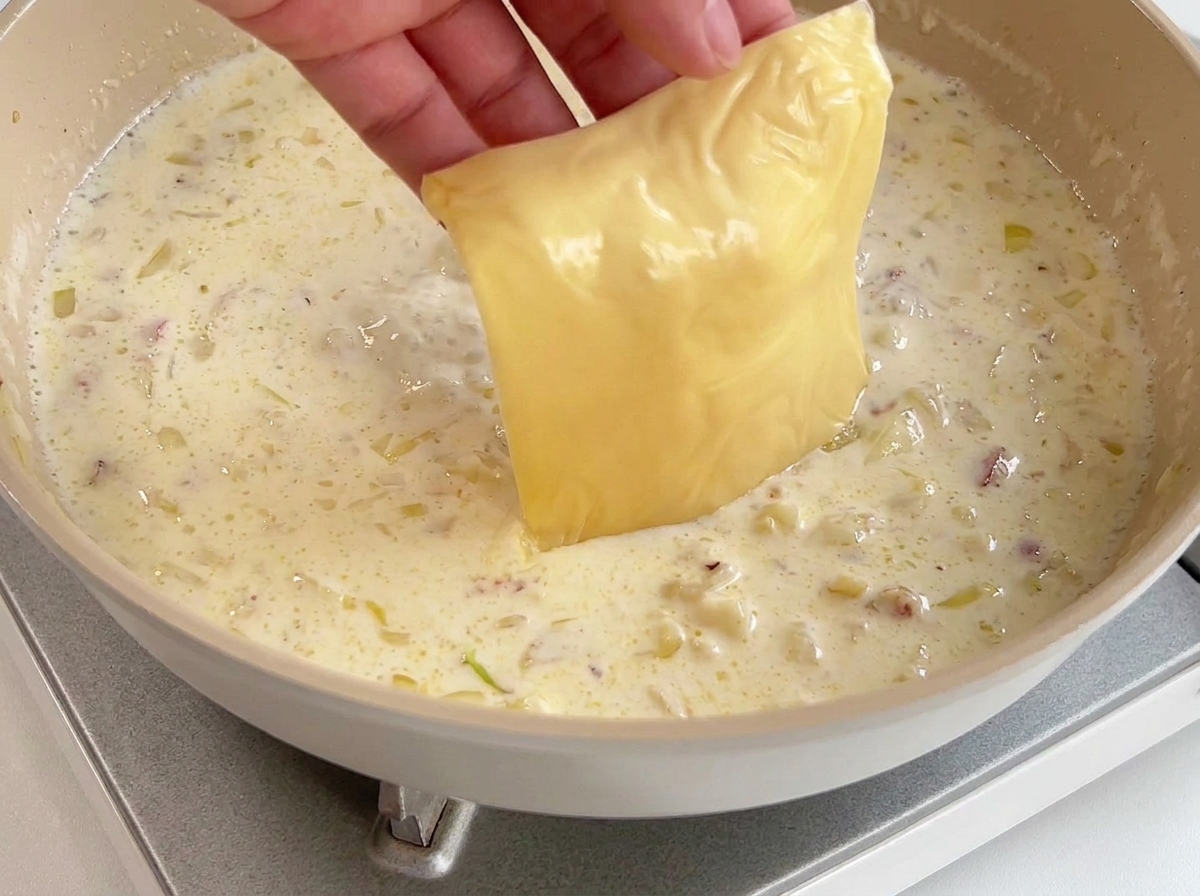 Una mano sujetando una loncha de queso amarillo, sumergiéndola en una sartén de salsa de crema hirviendo con ajo.