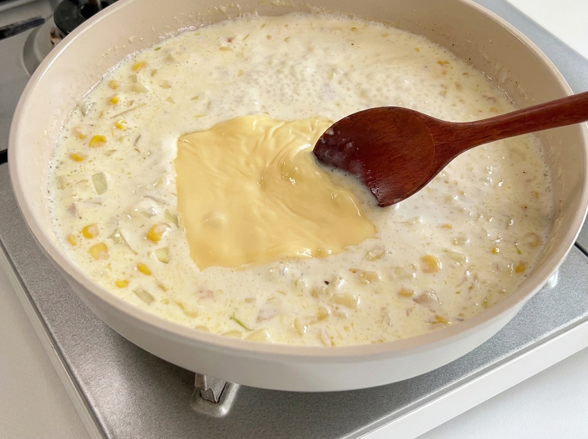 Una cuchara de madera removiendo una loncha de queso fundido en una salsa cremosa burbujeante.
