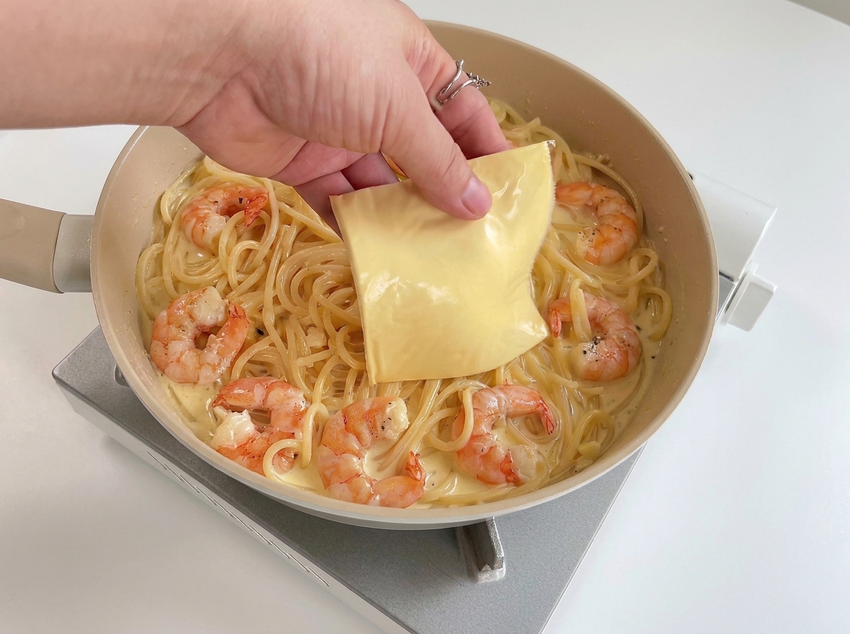 Una mano colocando una loncha de queso amarillo sobre una sartén llena de pasta cremosa con langostinos al ajillo.