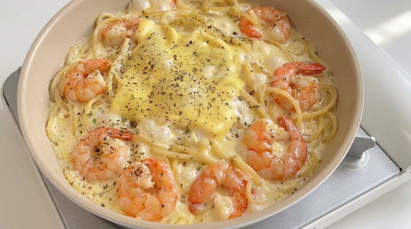 Espaguetis Cremosos con Langostinos al Ajillo y Queso