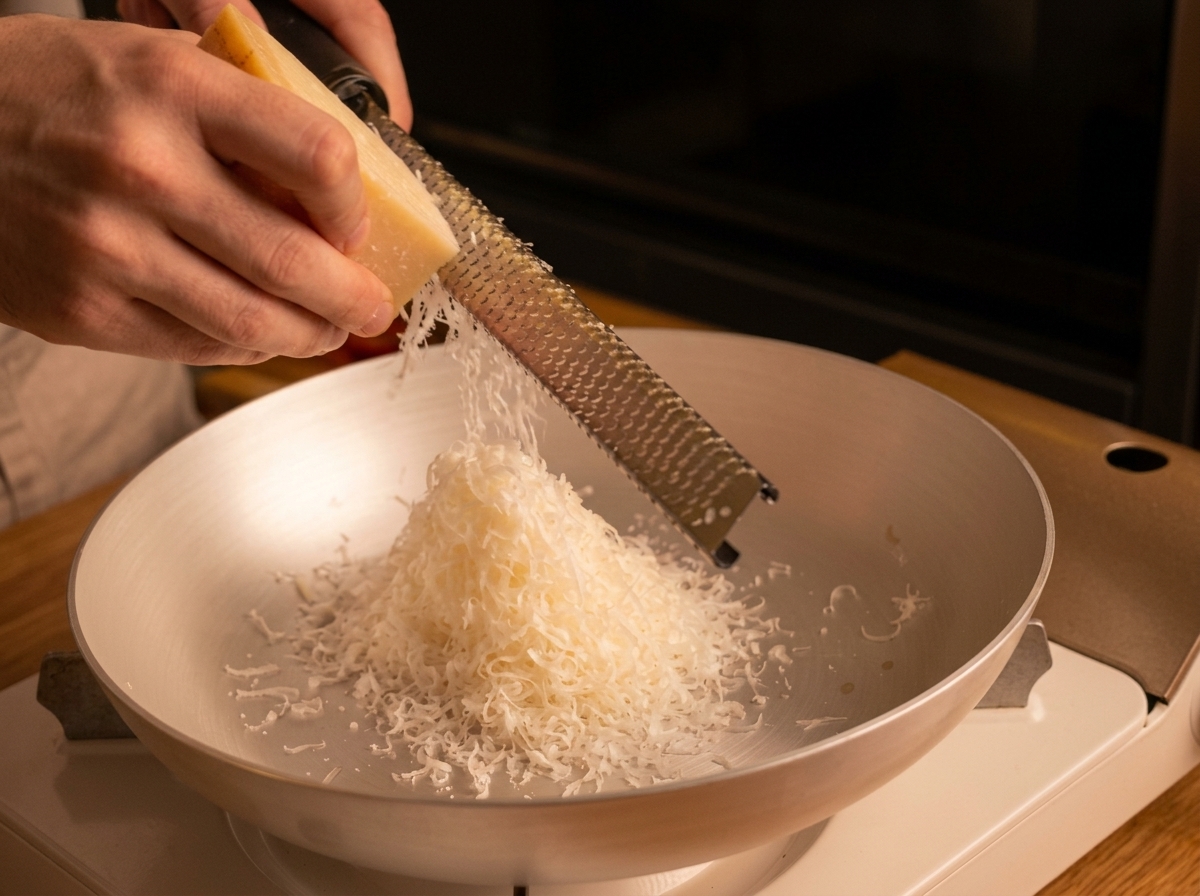 Manos pasando un trozo de queso Pecorino por un rallador fino, creando una montaña de queso esponjoso en una bandeja de metal.