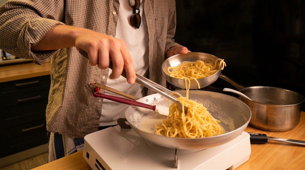 Usando unas pinzas para pasar espaguetis calientes directamente a la sartén con la pasta cremosa de queso.