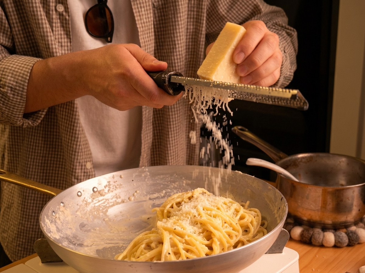 Manos rallando un bloque de queso Pecorino fresco sobre una sartén de espaguetis cocidos con un rallador fino.