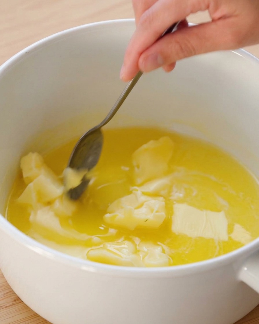 Una mano removiendo trozos de mantequilla que se derriten en una olla blanca.