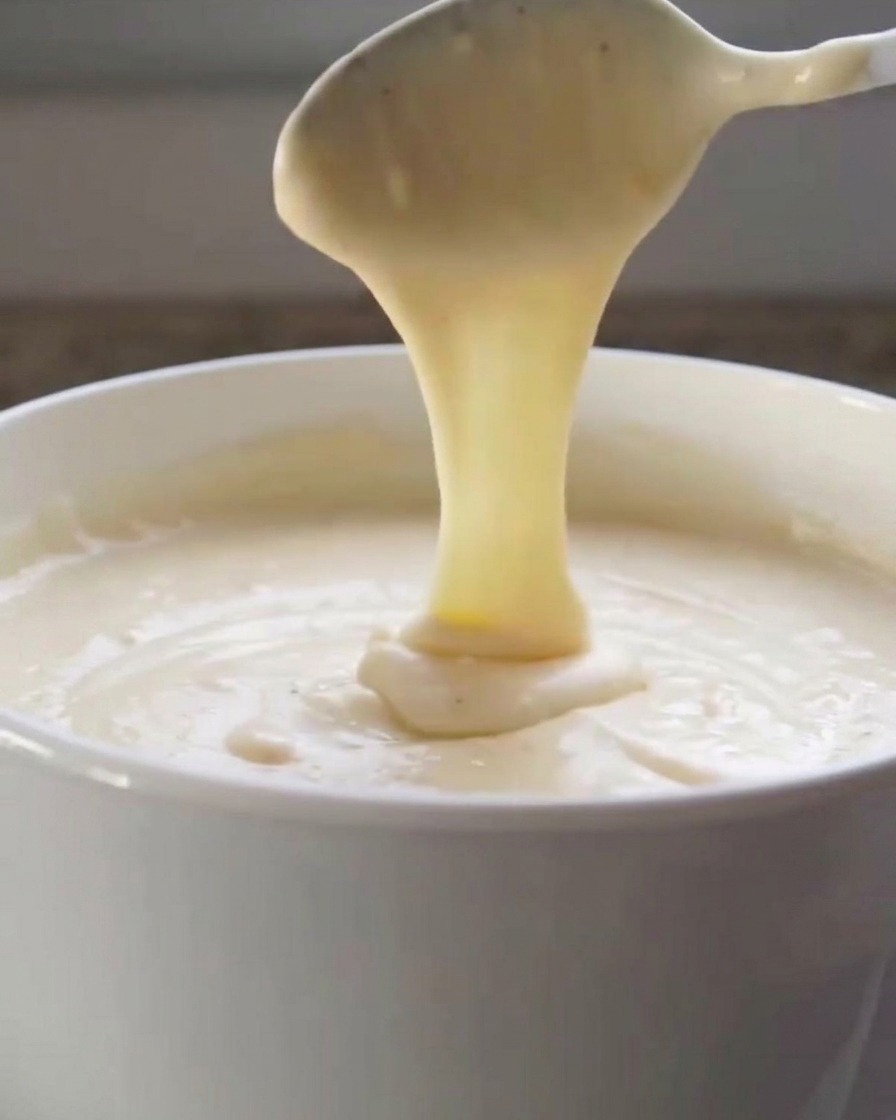 Una cuchara blanca levantando una salsa de queso brillante y espesa de un bol, mostrando su cremosidad.