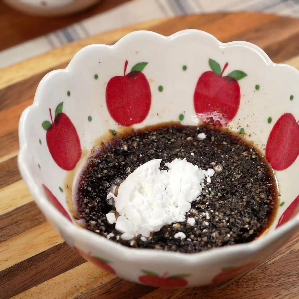 Un pequeño bol con un estampado de manzanas que contiene una mezcla de salsa de soja oscura, pimienta negra y maicena blanca.