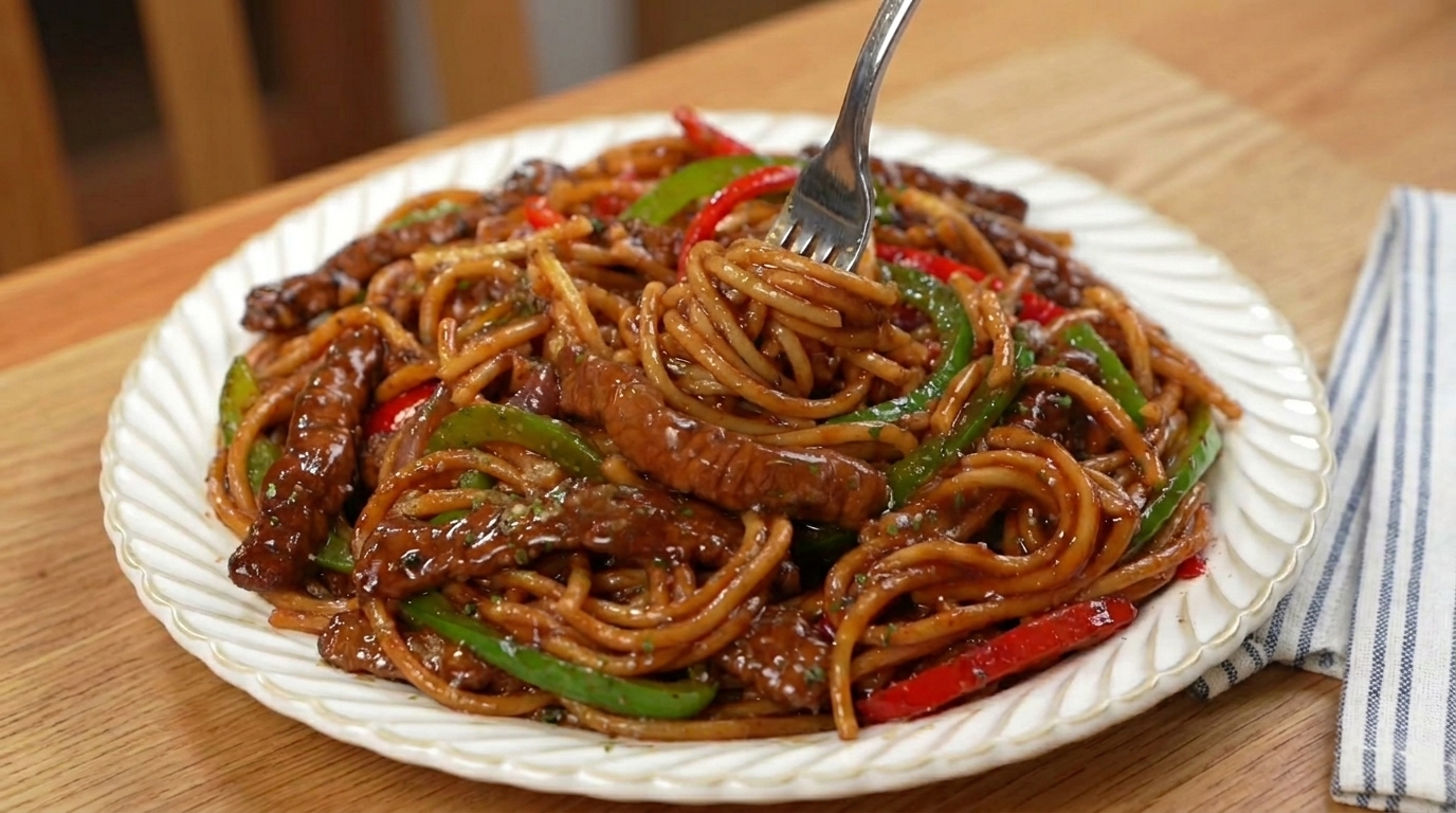 Espaguetis con Ternera a la Pimienta Negra al Estilo Asiático