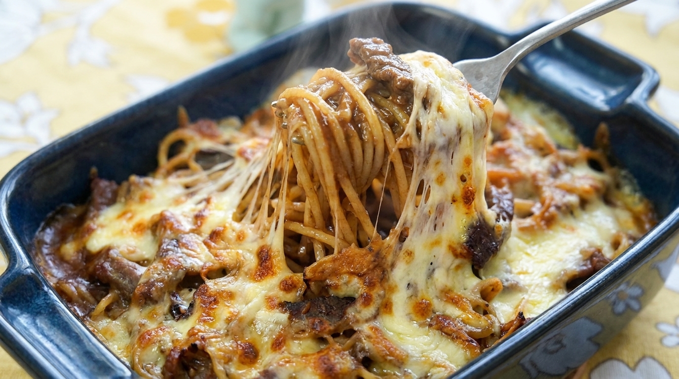 Un bocado generoso de espaguetis con ternera a la pimienta negra mostrando el queso mozzarella fundido y elástico.
