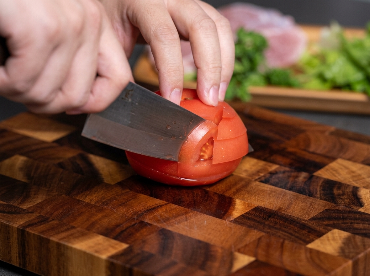 Manos usando un cuchillo para picar un tomate rojo fresco en cubos sobre una tabla de madera.