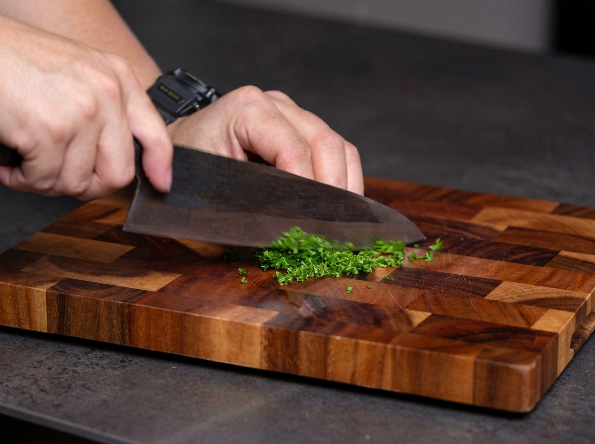 Manos picando finamente perejil verde fresco sobre una tabla de madera con un cuchillo de chef.