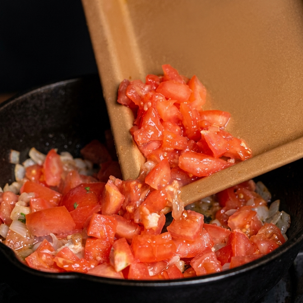 Tomates rojos en dados deslizándose desde una bandeja a una sartén caliente con carne y cebolla.