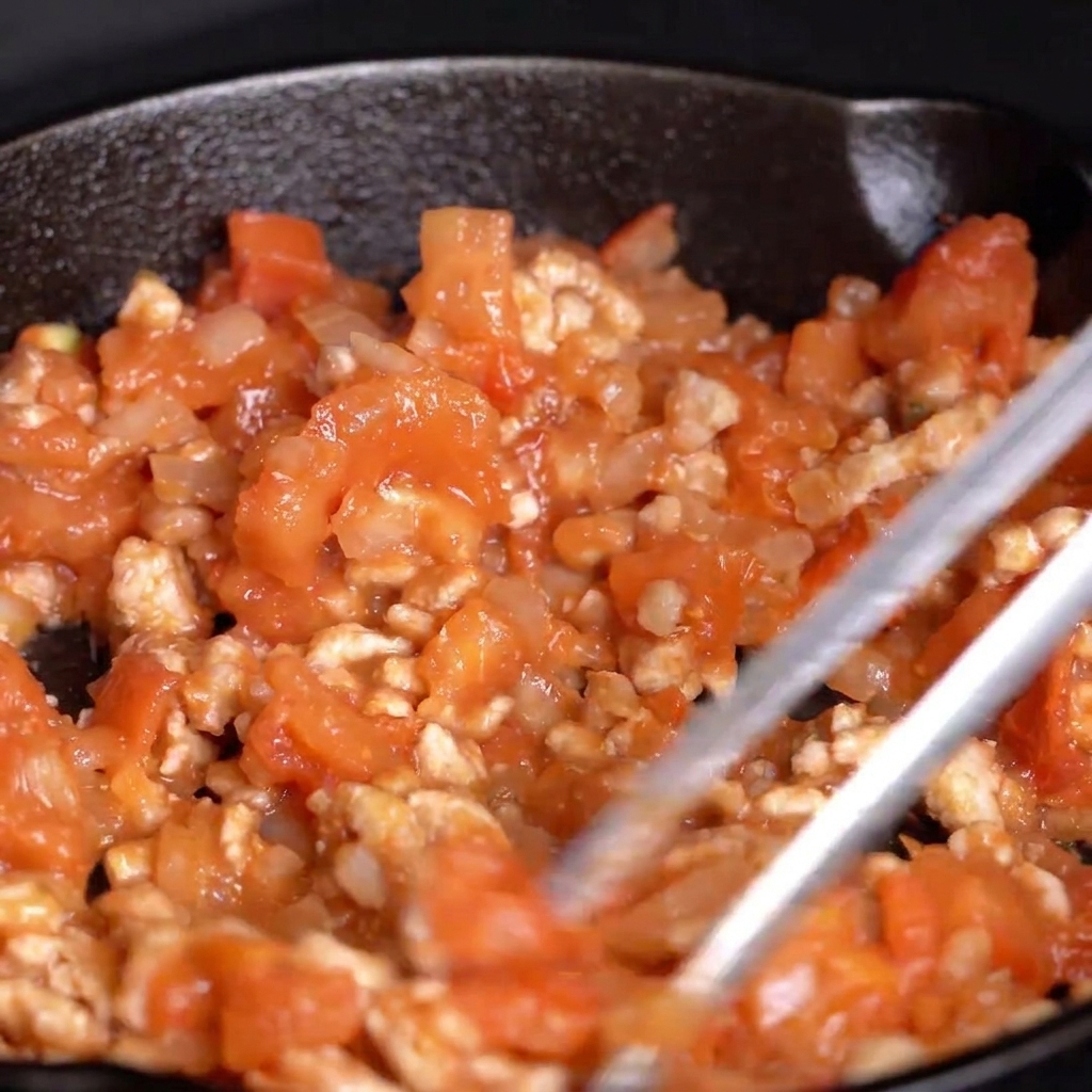 Pinzas metálicas removiendo una mezcla de tomates, cebolla y carne en una sartén.
