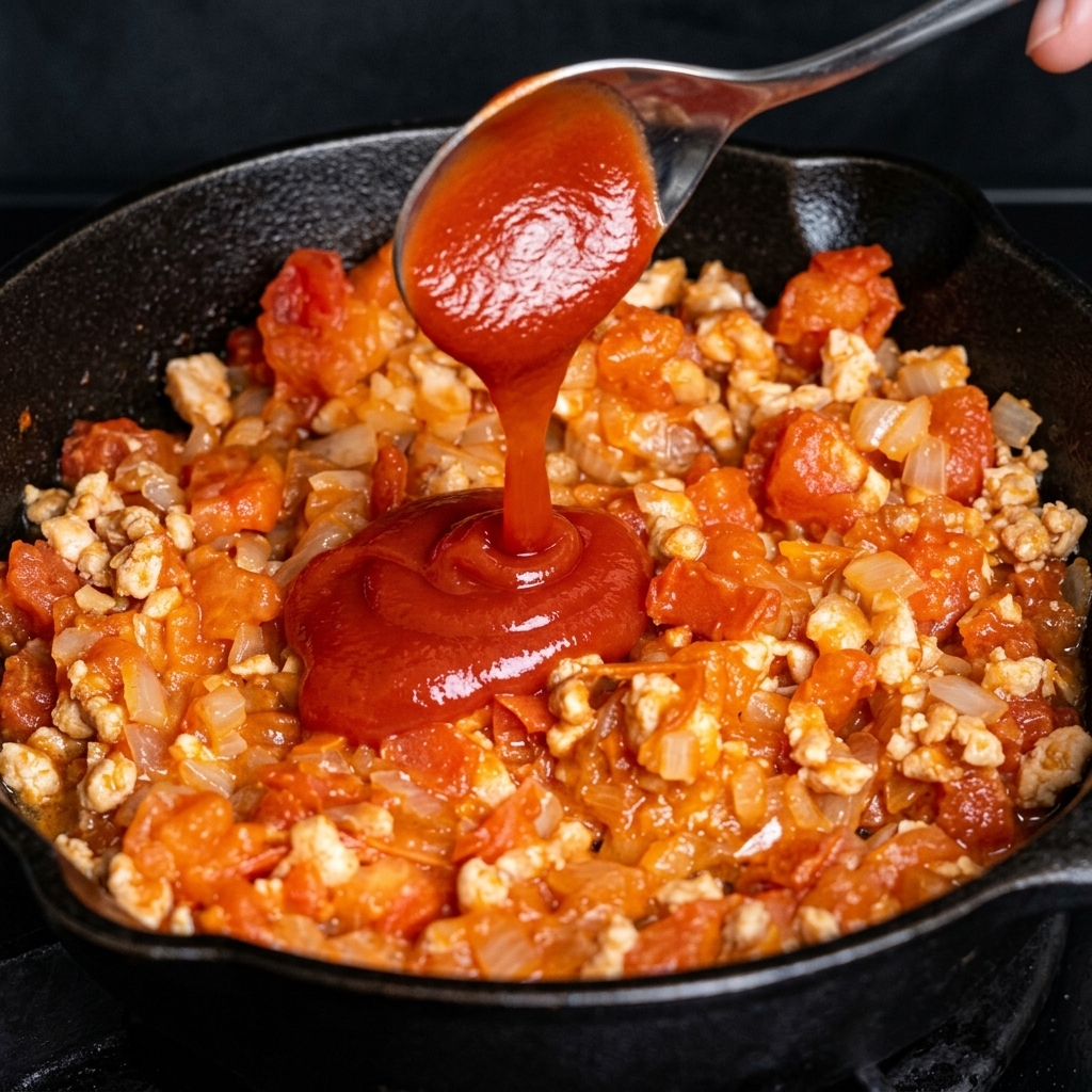 Una cucharada de kétchup rojo brillante cayendo en una sartén con salsa de tomate y carne.