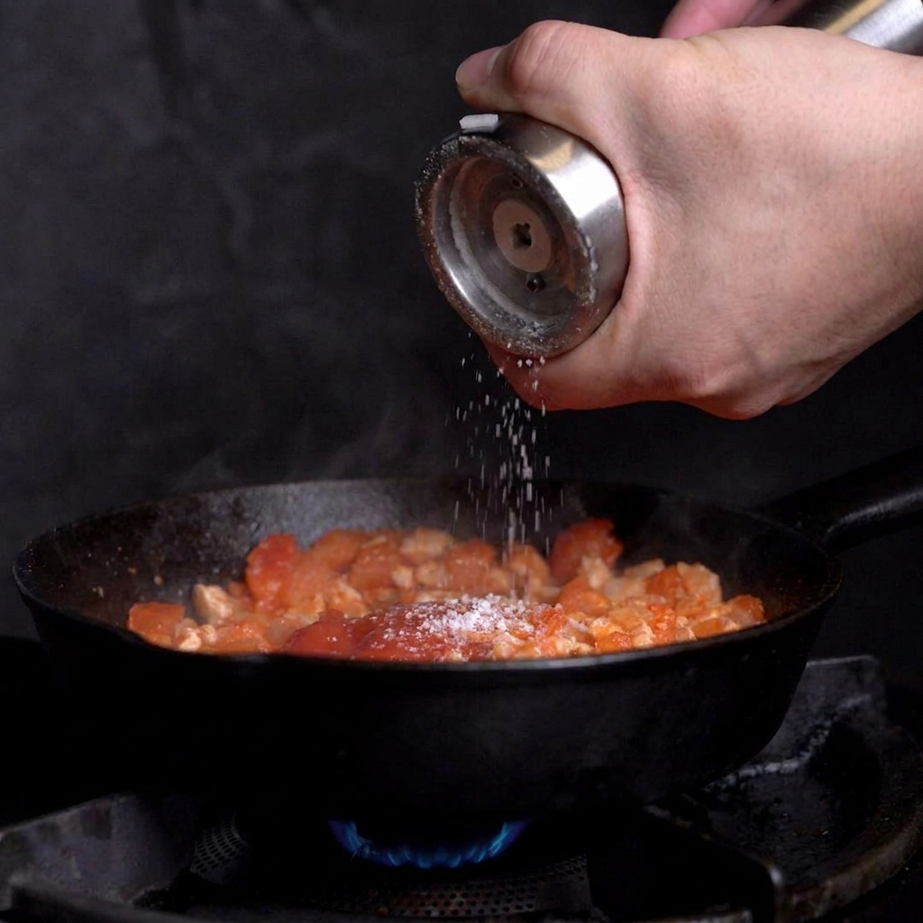 Sal y pimienta negra recién molida espolvoreándose sobre una sartén con salsa de tomate y carne.