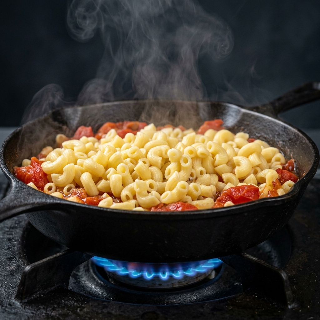 Pasta de coditos humeante vertiéndose sobre una rica salsa de tomate y carne en una sartén de hierro.