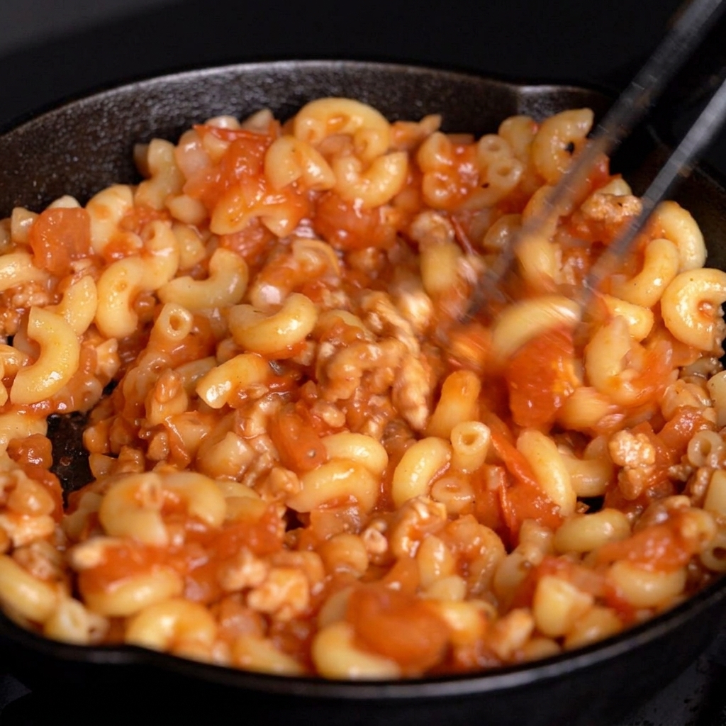 Pinzas metálicas mezclando macarrones de forma uniforme en una salsa roja de tomate y carne.