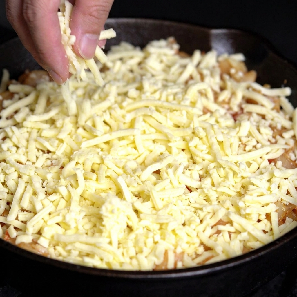 Una mano espolvoreando una capa generosa de queso mozzarella rallado sobre una sartén de pasta cocinada.