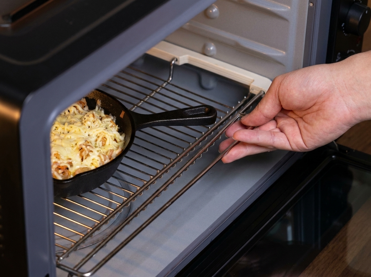 Una persona metiendo una sartén de hierro llena de pasta con queso en un horno precalentado.