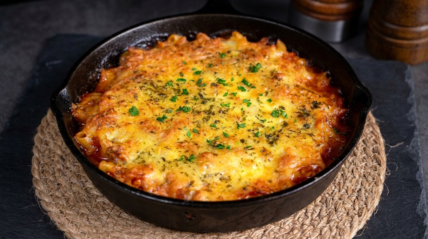 Pasta Gratinada con Tomate, Carne y Queso Fundido