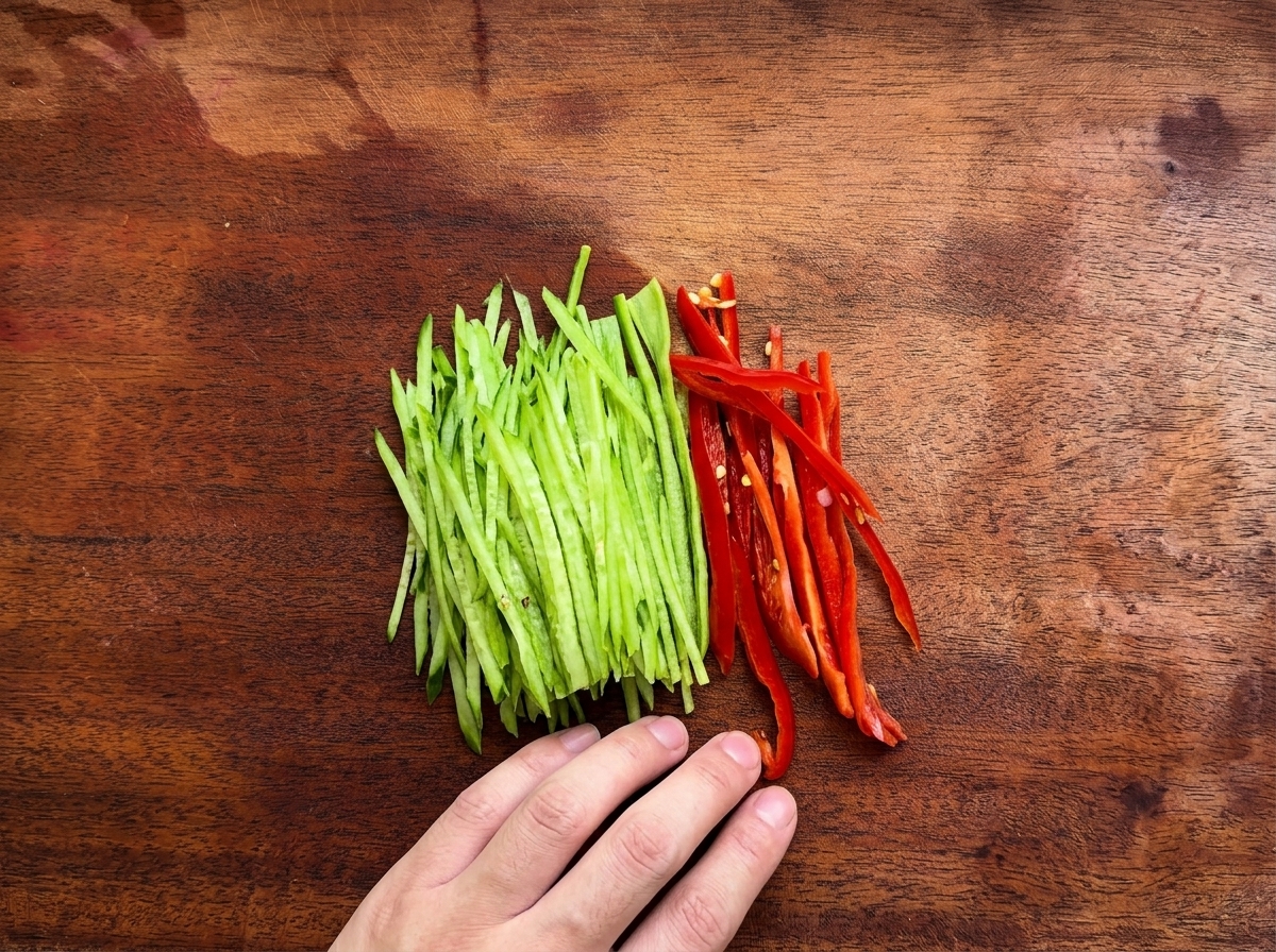 Tiras de pimiento verde y rojo cortadas en juliana sobre una tabla de madera.