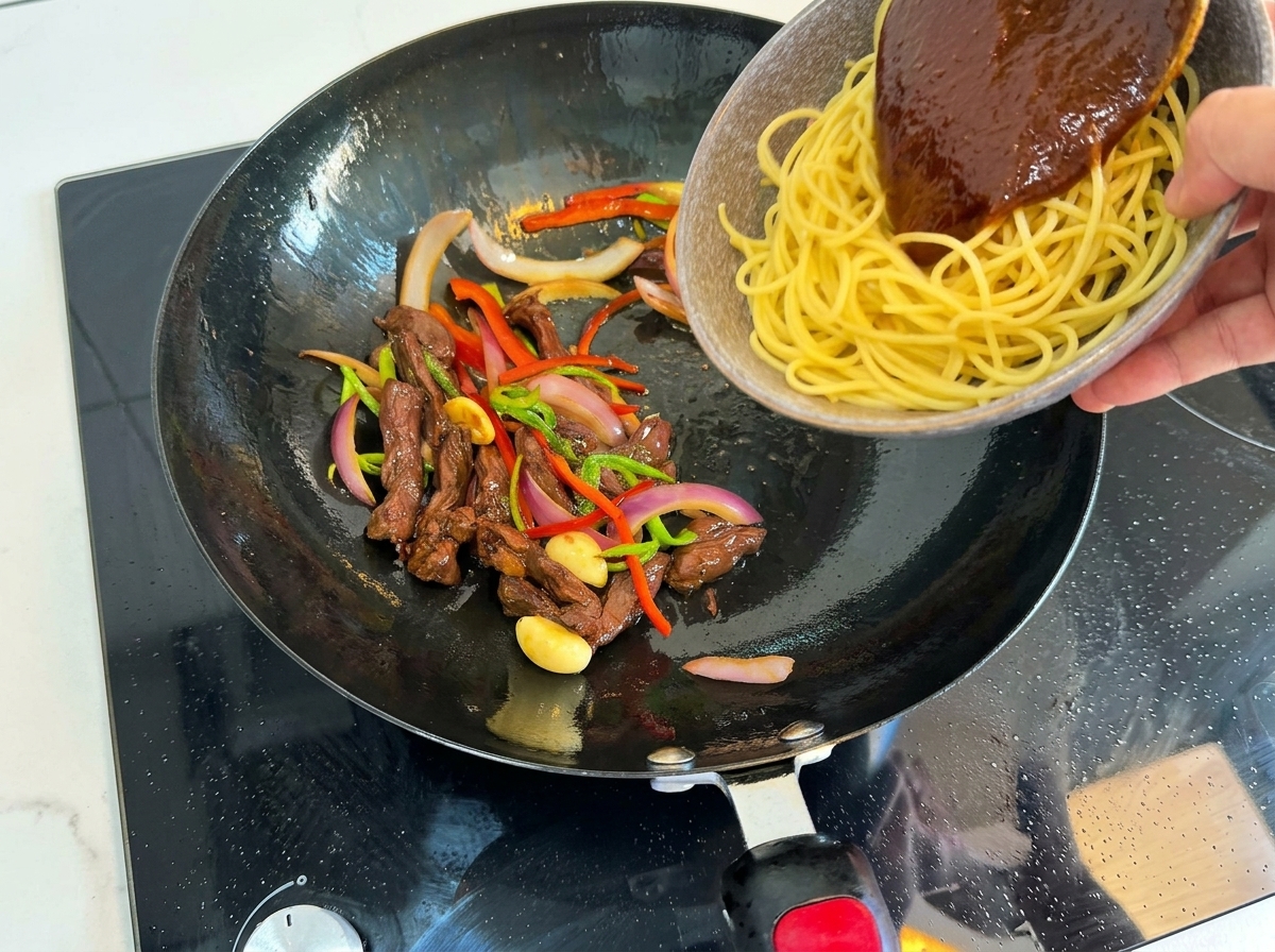 Espaguetis cocidos y salsa oscura volcándose en un wok con ternera, pimientos y cebolla.