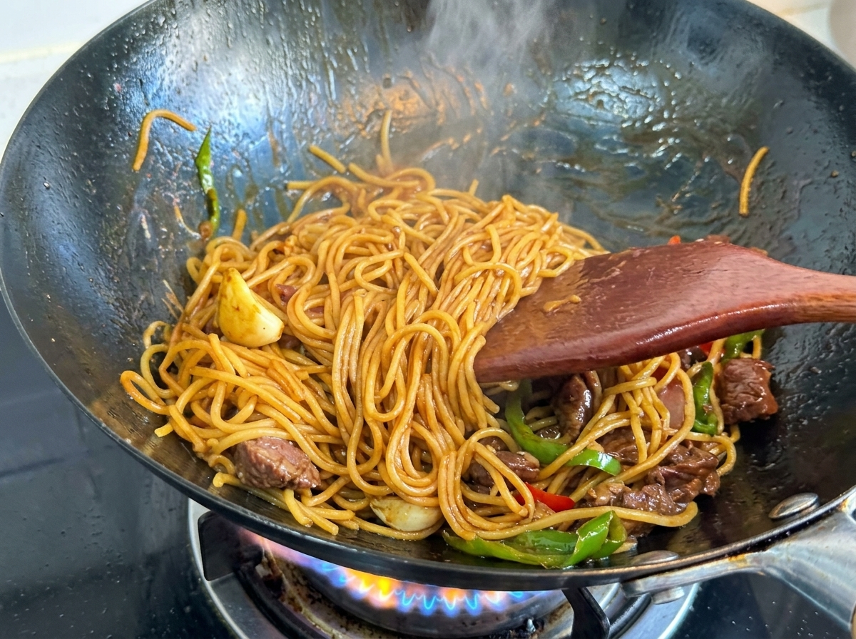 Espátula de madera mezclando espaguetis, ternera y pimientos en un wok, cubriéndolos con una salsa espesa, brillante y oscura.