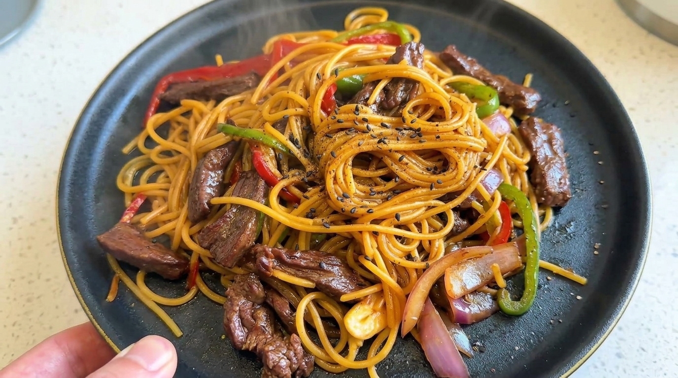 Espaguetis con Ternera a la Pimienta Negra