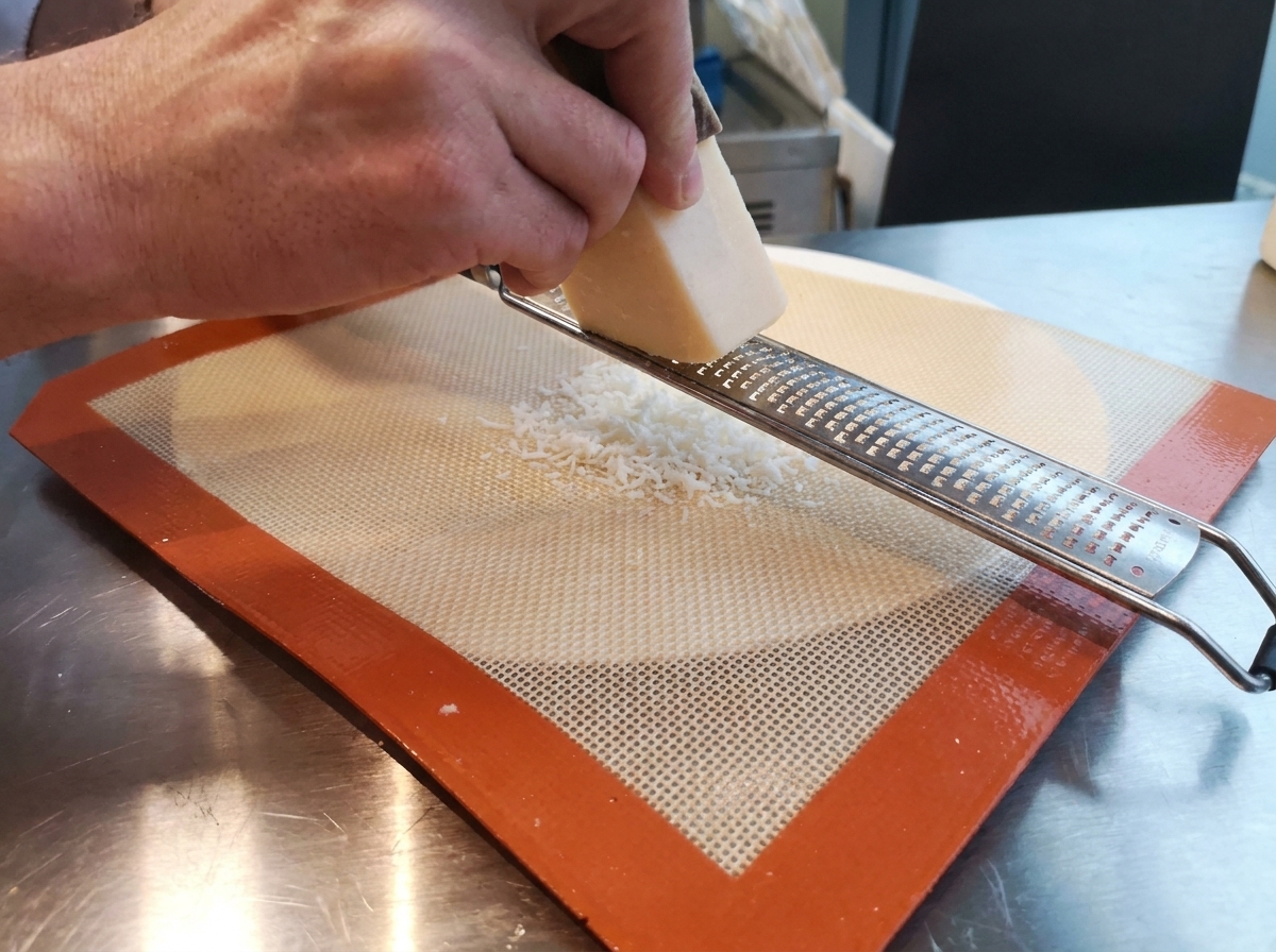 Manos usando una pequeña espátula acodada para dar forma a un montón de queso parmesano rallado en un rectángulo sobre un tapete de silicona.