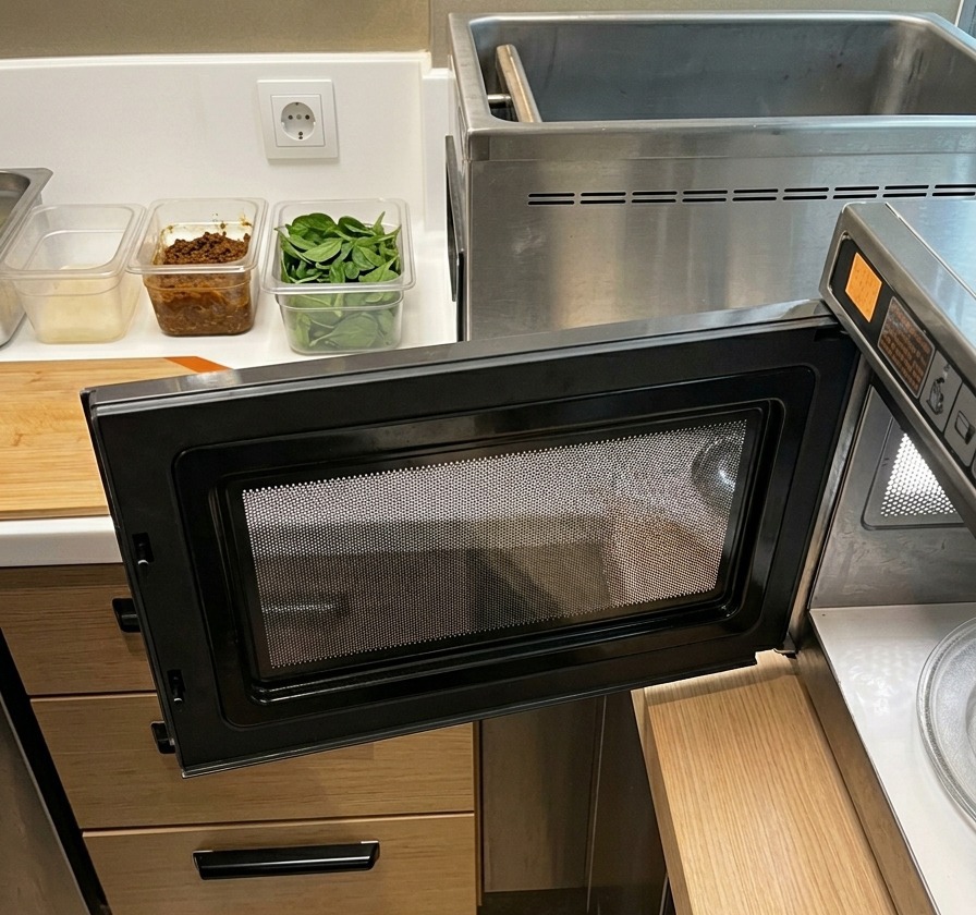 Un microondas industrial abierto junto a una tabla de cortar en la encimera de una cocina.