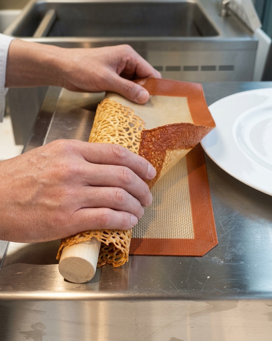 Manos presionando suavemente un crujiente de queso caliente con textura de red alrededor de un rodillo de madera para darle forma.