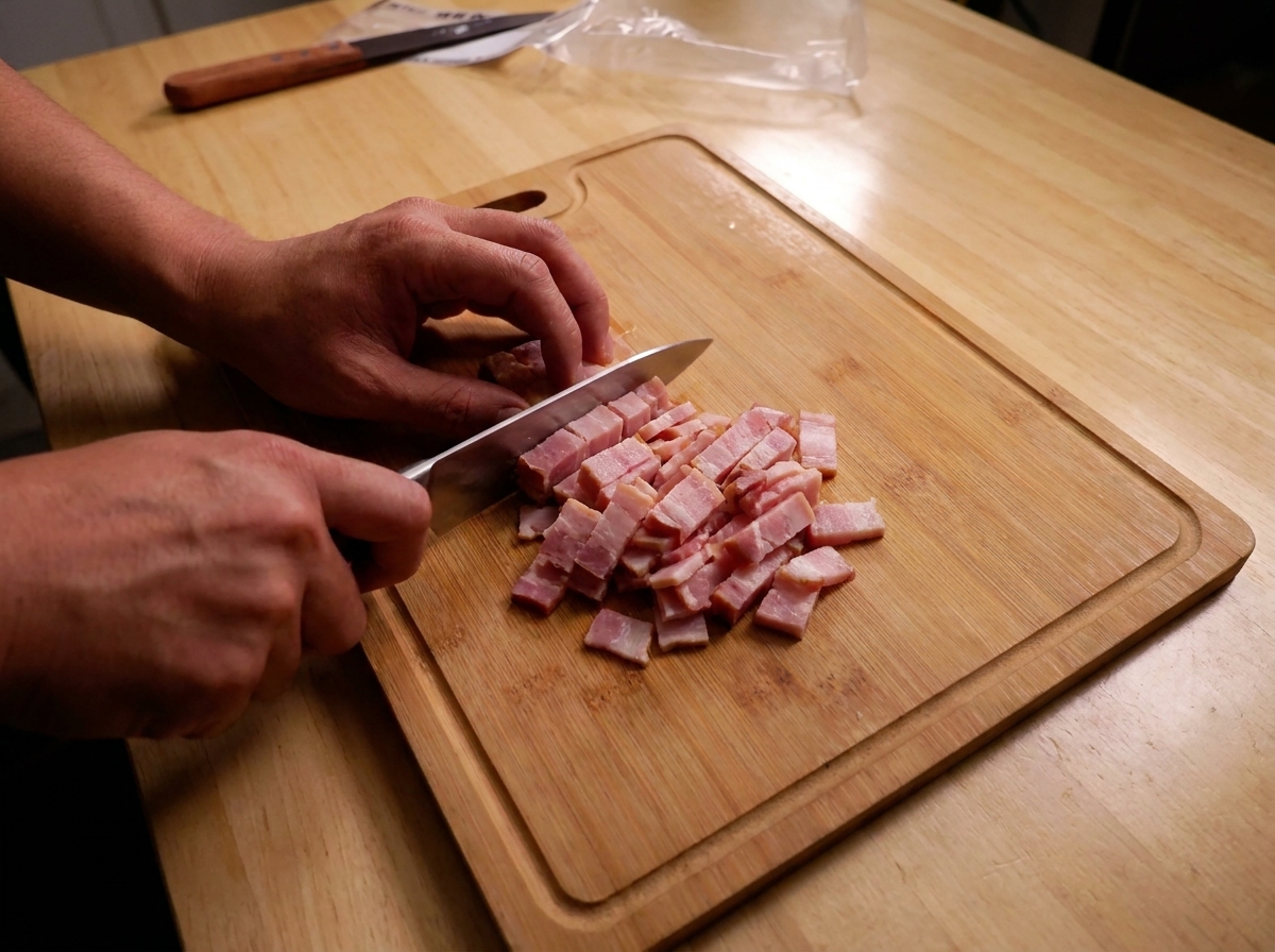 Manos usando un cuchillo para cortar una loncha gruesa de bacon crudo en dados pequeños sobre una tabla de madera.