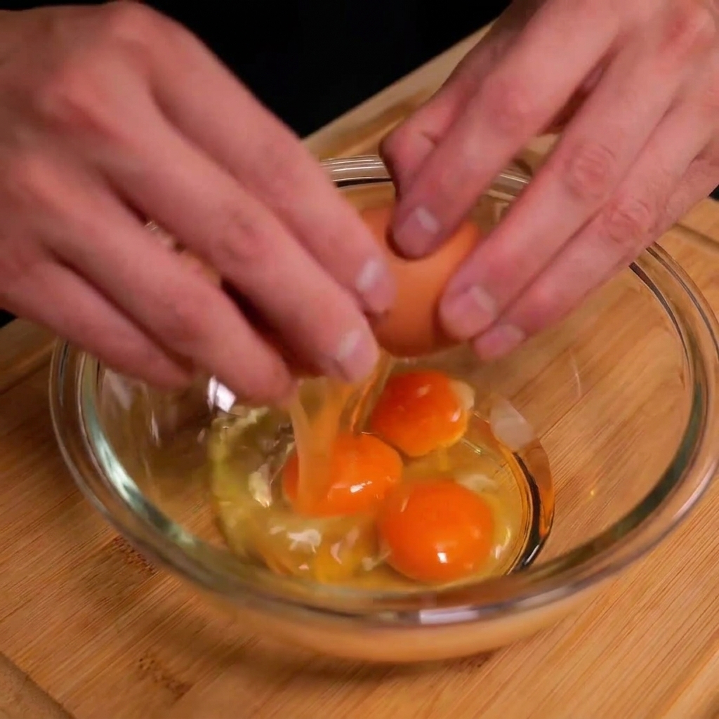 Manos cascando un huevo directamente sobre un pequeño cuenco de cristal que contiene varias yemas de color naranja brillante.