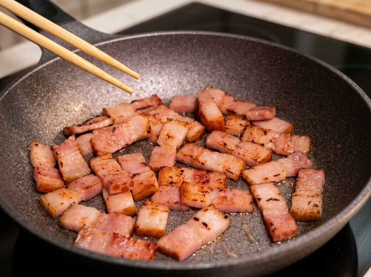 Pequeños trozos de bacon dorado y crujiente friéndose en su propia grasa en una sartén caliente, removidos con palillos de madera.