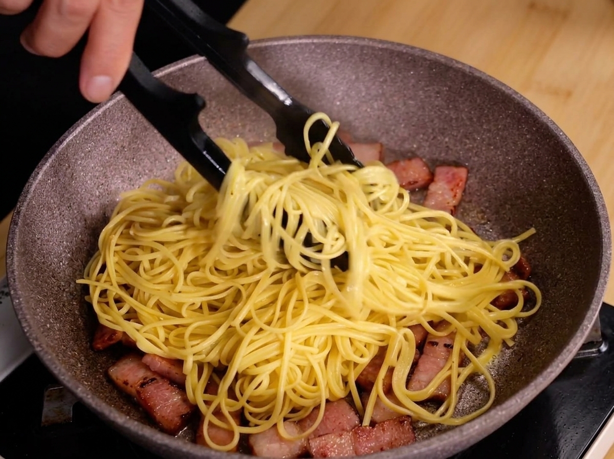 Pinzas negras levantando espaguetis calientes en una sartén moteada llena de trozos de bacon dorado.