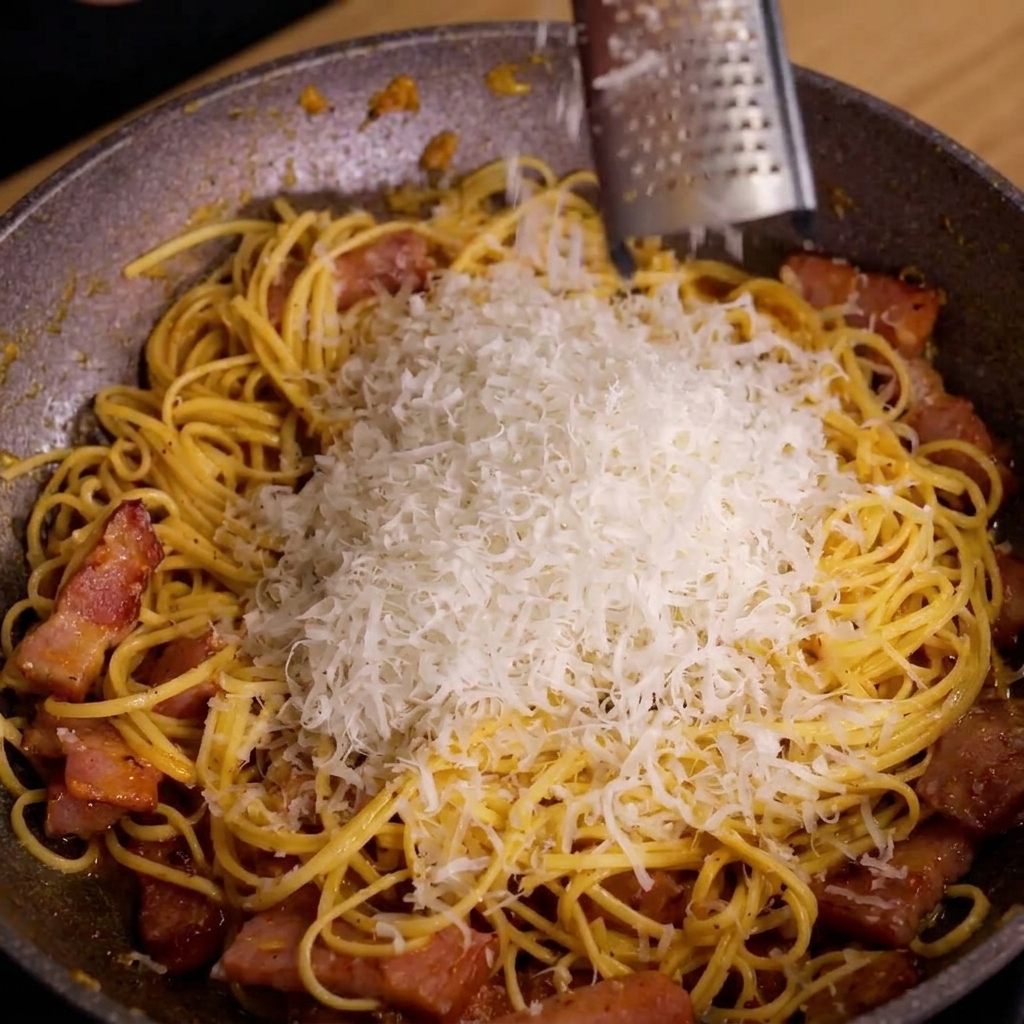 Un rallador metálico dejando caer finas hebras de queso parmesano sobre una sartén de espaguetis y bacon.