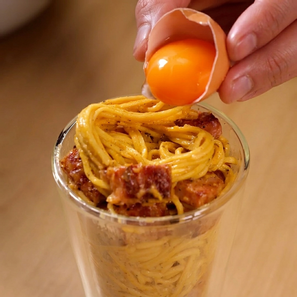 Una mano dejando caer una yema de huevo cruda naranja brillante desde la cáscara al centro de la pasta en un vaso de cristal.