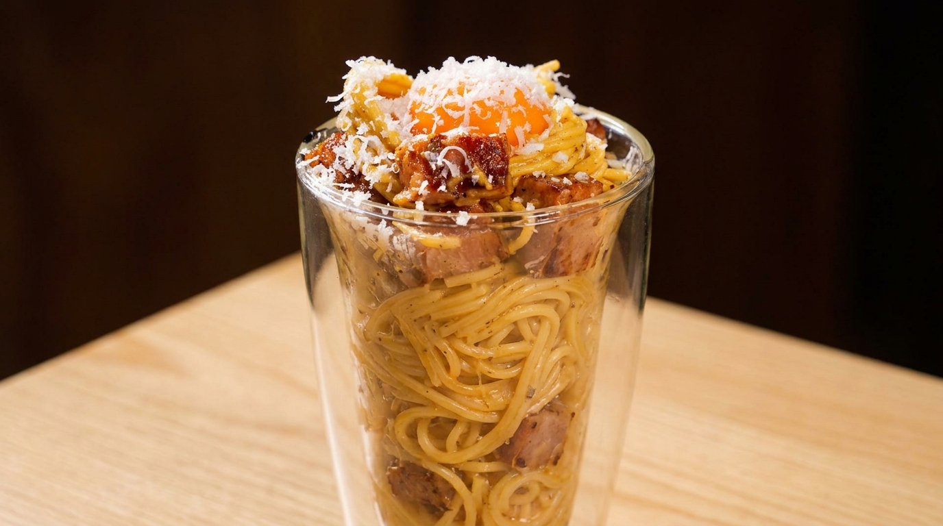 Pasta con Costra de Parmesano (Carbonara en Vaso)