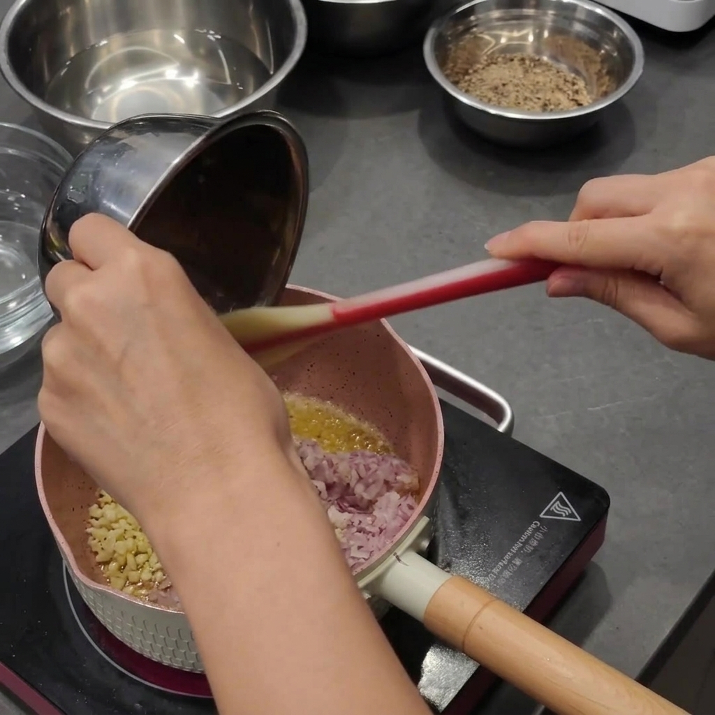 Vertiendo una cantidad generosa de cebolla morada y ajo finamente picados desde un cuenco de metal a una sartén con mantequilla derretida.