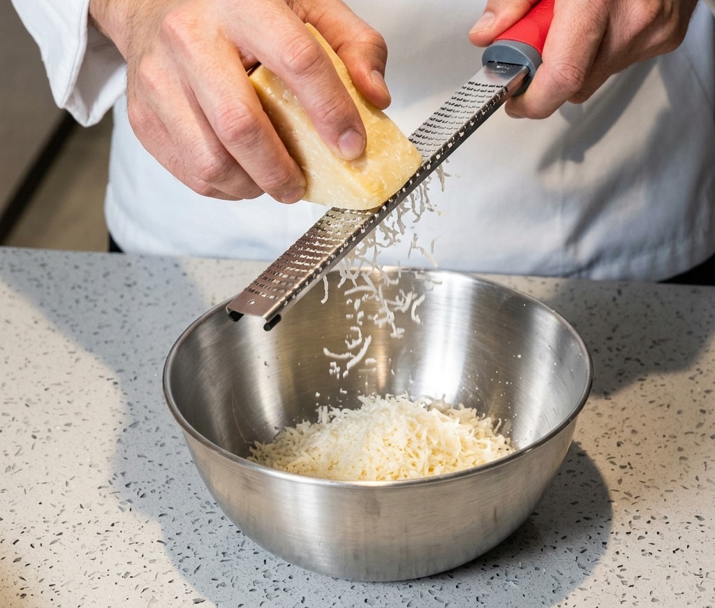Manos sosteniendo un bloque de queso parmesano y rallándolo con un microplane sobre un bol de acero inoxidable.