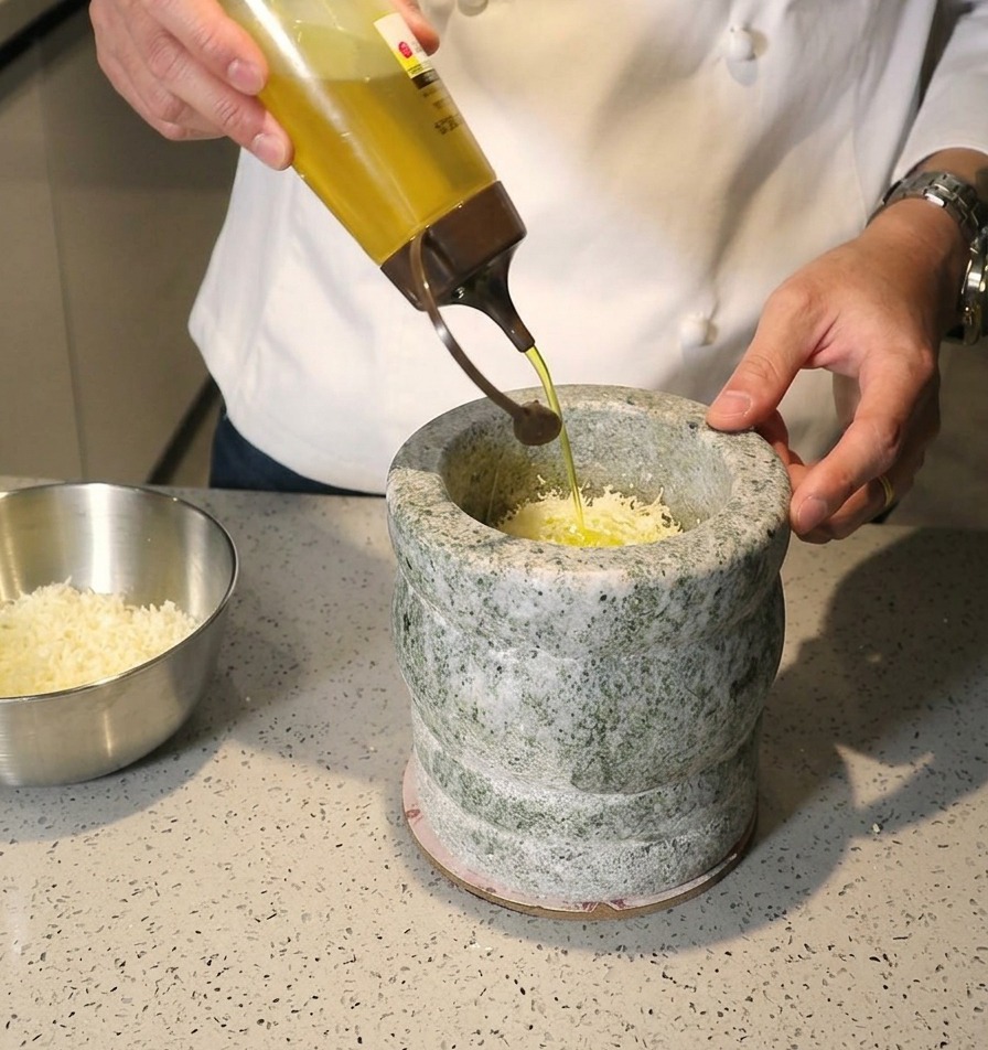 Chef vertiendo aceite de oliva desde un dispensador transparente en un mortero de piedra lleno de queso y aromáticos.