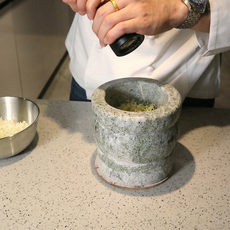 Manos de un chef moliendo pimienta negra con un molinillo sobre un mortero de piedra lleno de ingredientes.