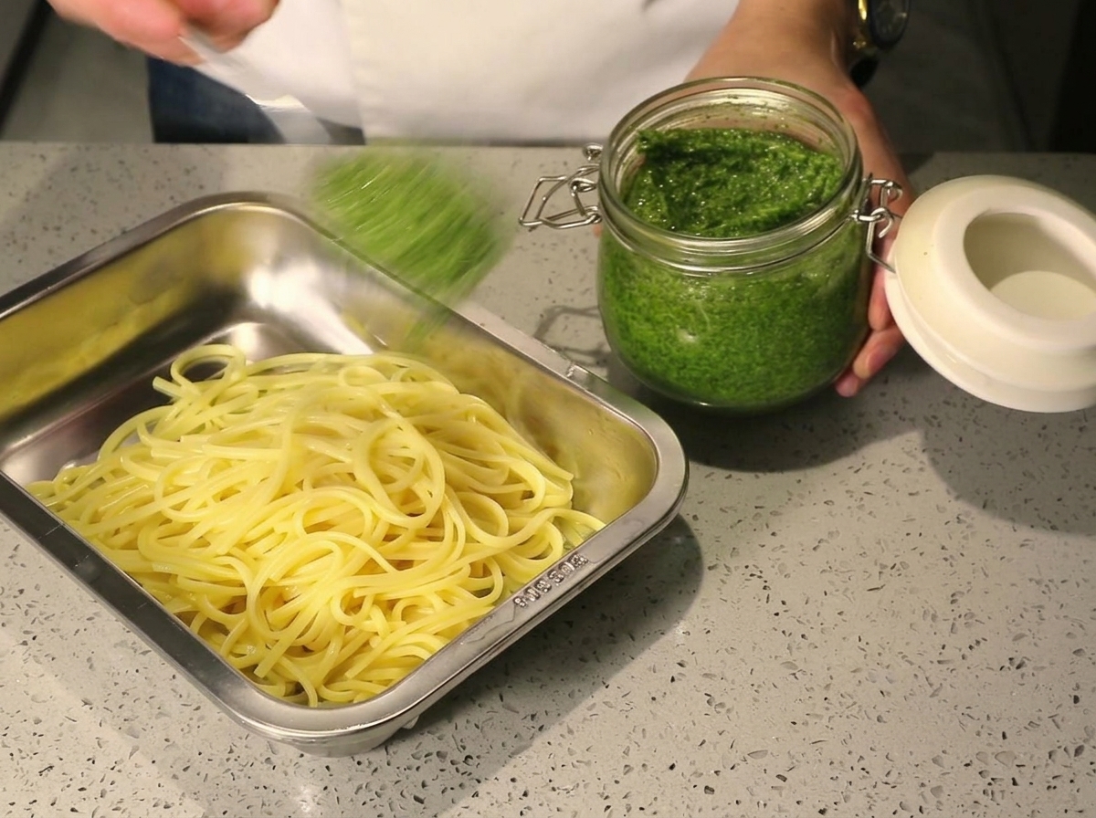 Una cuchara grande de pesto verde vibrante siendo servida desde un tarro de cristal sobre espaguetis cocidos en una bandeja de metal.