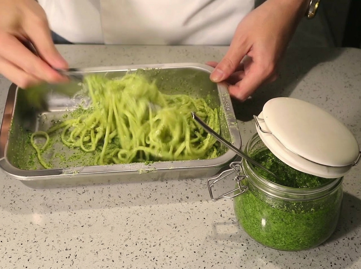 Manos mezclando enérgicamente espaguetis y salsa pesto verde en una bandeja metálica hasta que la pasta esté totalmente cubierta.