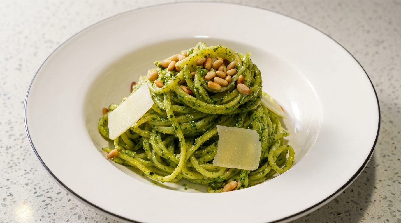 Pasta al pesto de albahaca y piñones en 10 minutos