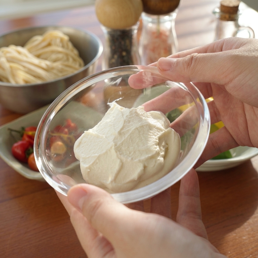 Un par de manos sosteniendo un cuenco de cristal con queso ricotta espeso y cremoso.
