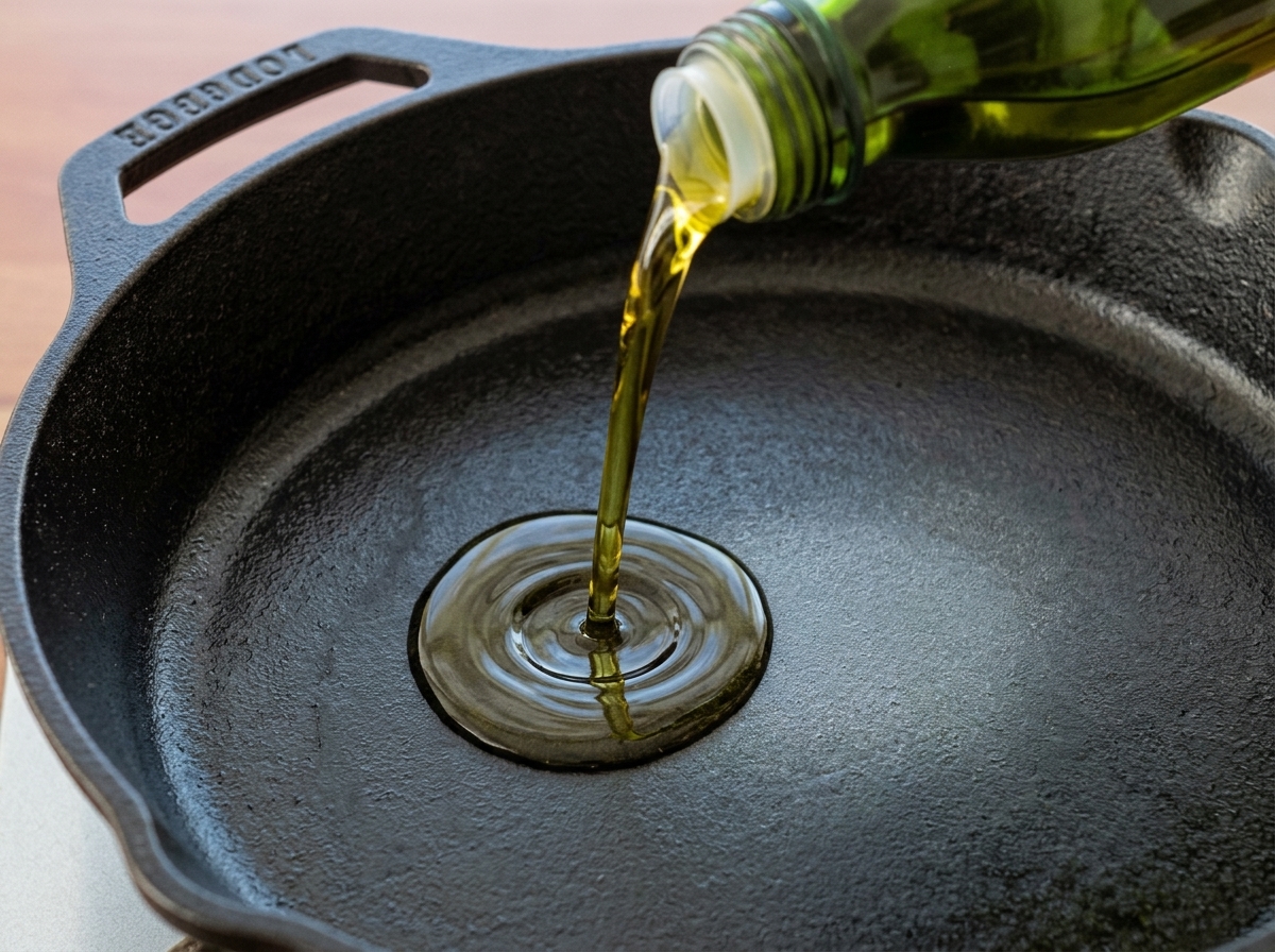 Un chorro de aceite de oliva amarillo cayendo de una botella de cristal a una sartén de hierro fundido.