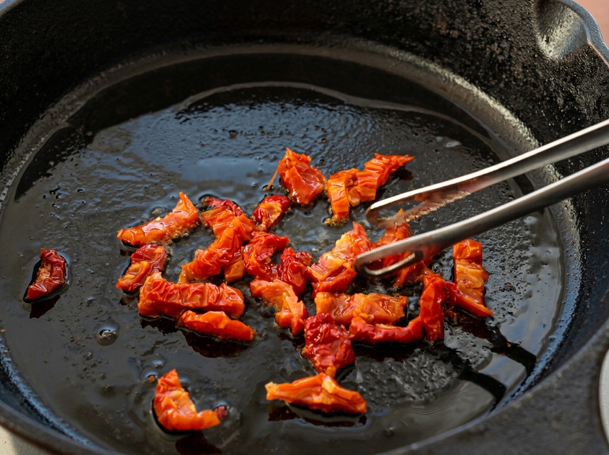 Tomates secos picados chisporroteando en aceite caliente dentro de una sartén, mezclándose con pinzas.
