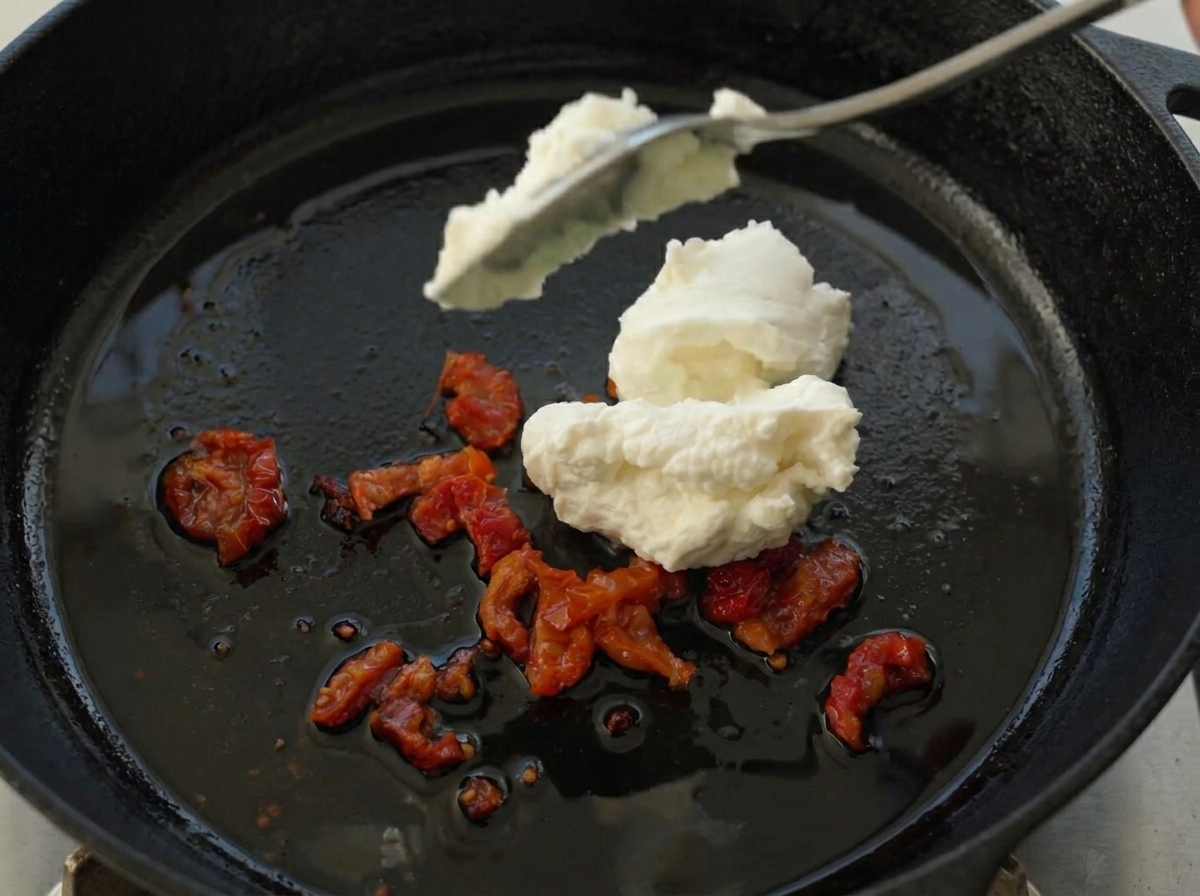 Añadiendo dos cucharadas de ricotta blanca a la sartén con los tomates secos sofritos.