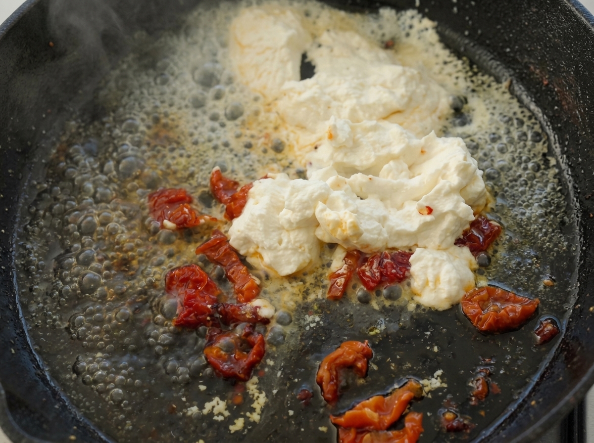Queso ricotta fundiéndose y mezclándose con los tomates secos en una sartén a fuego lento.