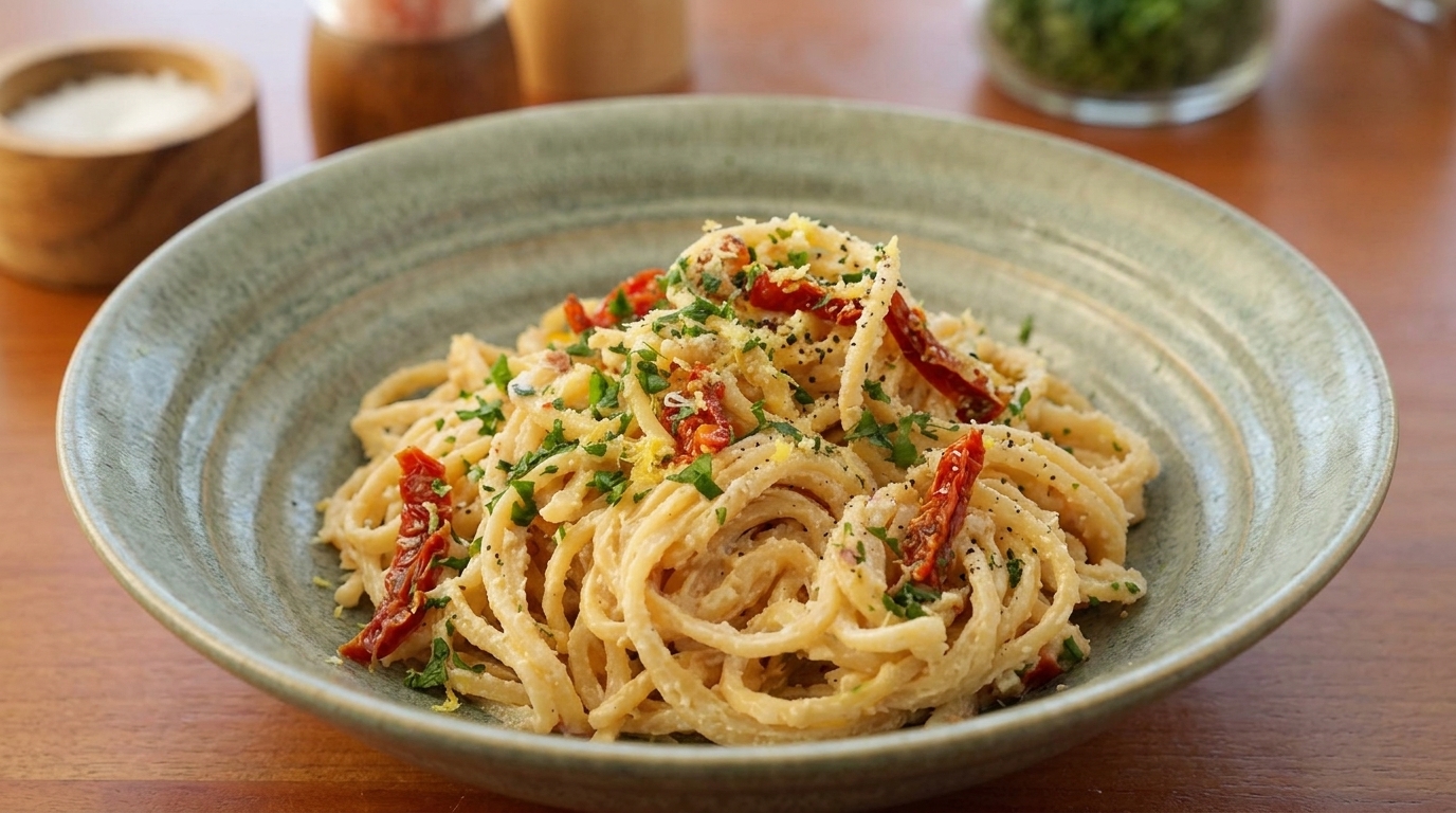 Espaguetis cremosos con ricotta y tomates secos